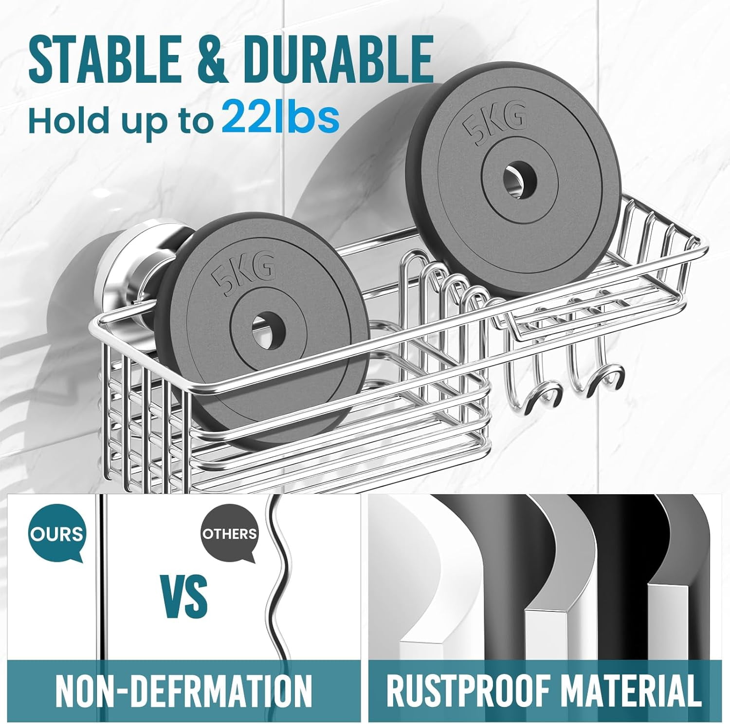Shower Caddy Suction Cup with Hooks & Soap Holder, Heavy Duty Bathroom Shower Organizers, Removable Bathroom Shelves for Inside,Stainless Steel Holder Organizer-Silver