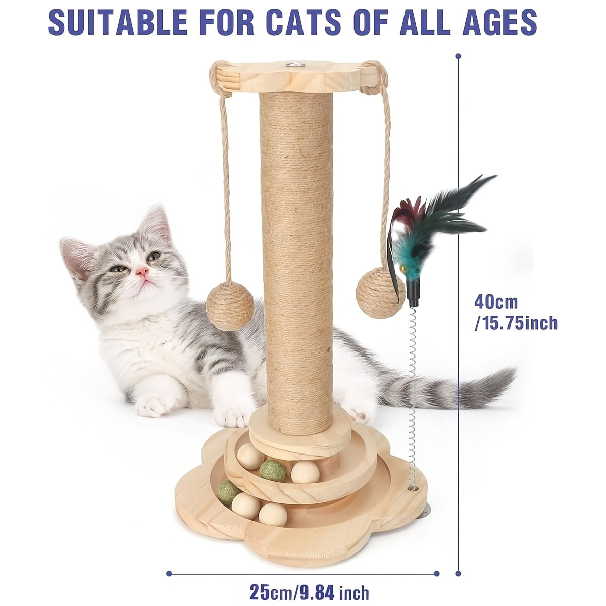 4-in-1 Indoor Cat Activity Center, Wooden Scratching Post 15.7" with Horizontal Ball Tracks, Feather Toy & Sisal Suspension Balls – Kitten & Adult Cat Toy