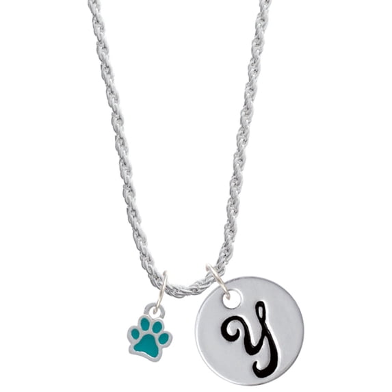 Delight Jewelry Silvertone Mini Translucent Teal Paw Silvertone Script Initial Disc - Y - Charm Necklace, 20"+3"