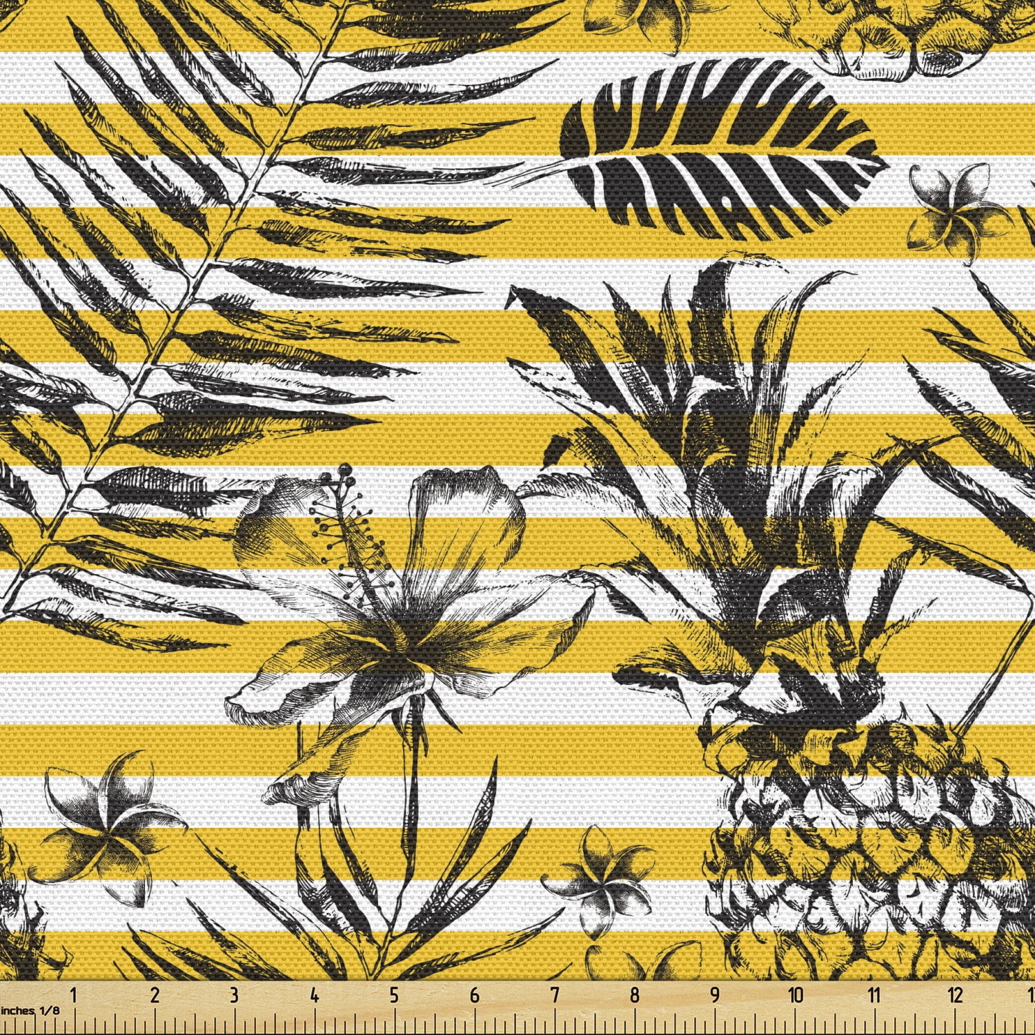 Tropical Upholstery Fabric by the Yard, Exotic Hawaiian Nature Sketchy Pineapples Flowers and