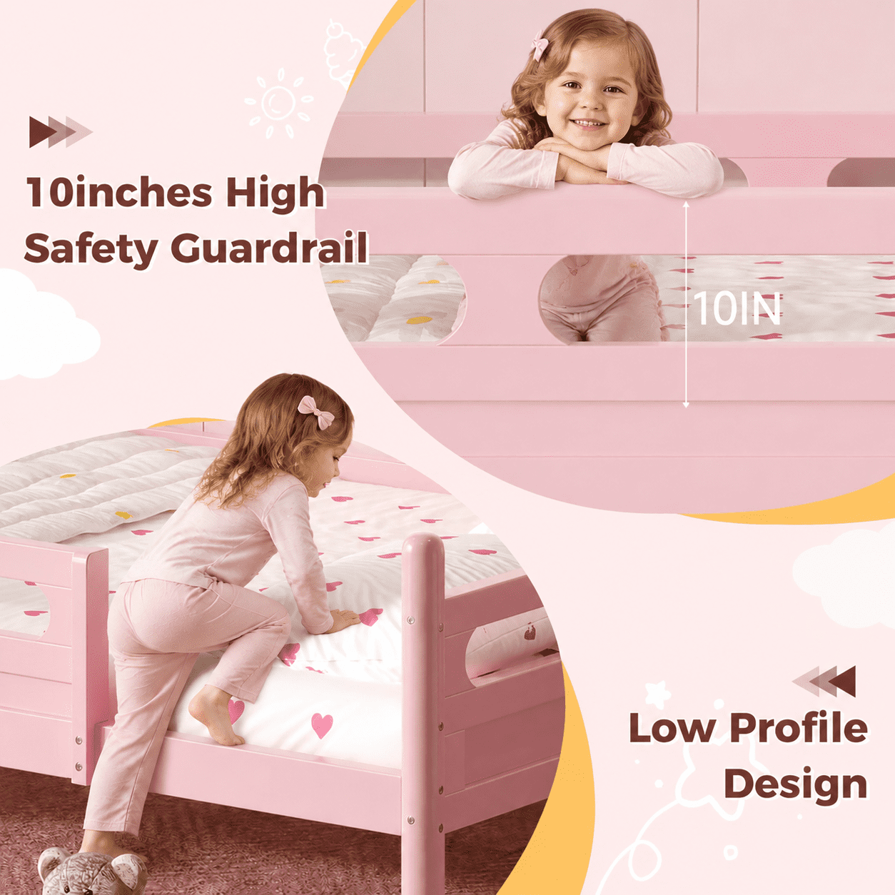 Euroco Wood Full Size Platform Bed, Low Profile Bed with Guardrails and Slats Support, Pink