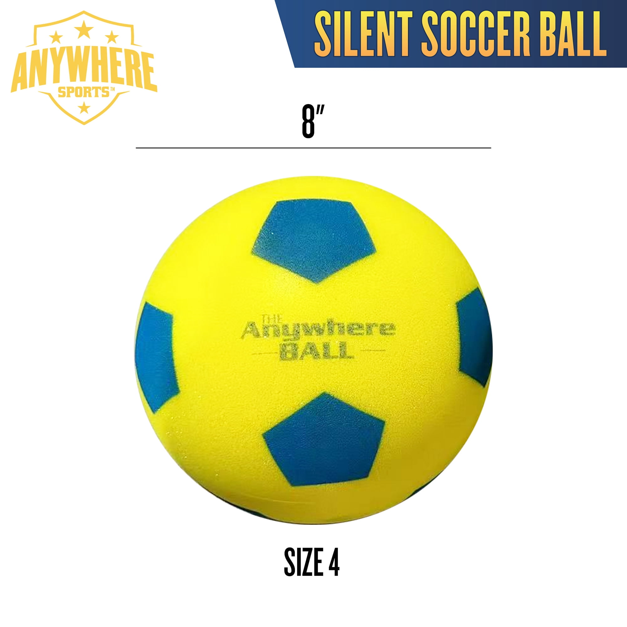 Anywhere Sports: Silent Soccer Ball - 8" Yellow& Blue Squishy Foam Ball, Size 4, Realistic Bounce, Quiet Indoor & Outdoor Play, Waterproof, Kids 3+