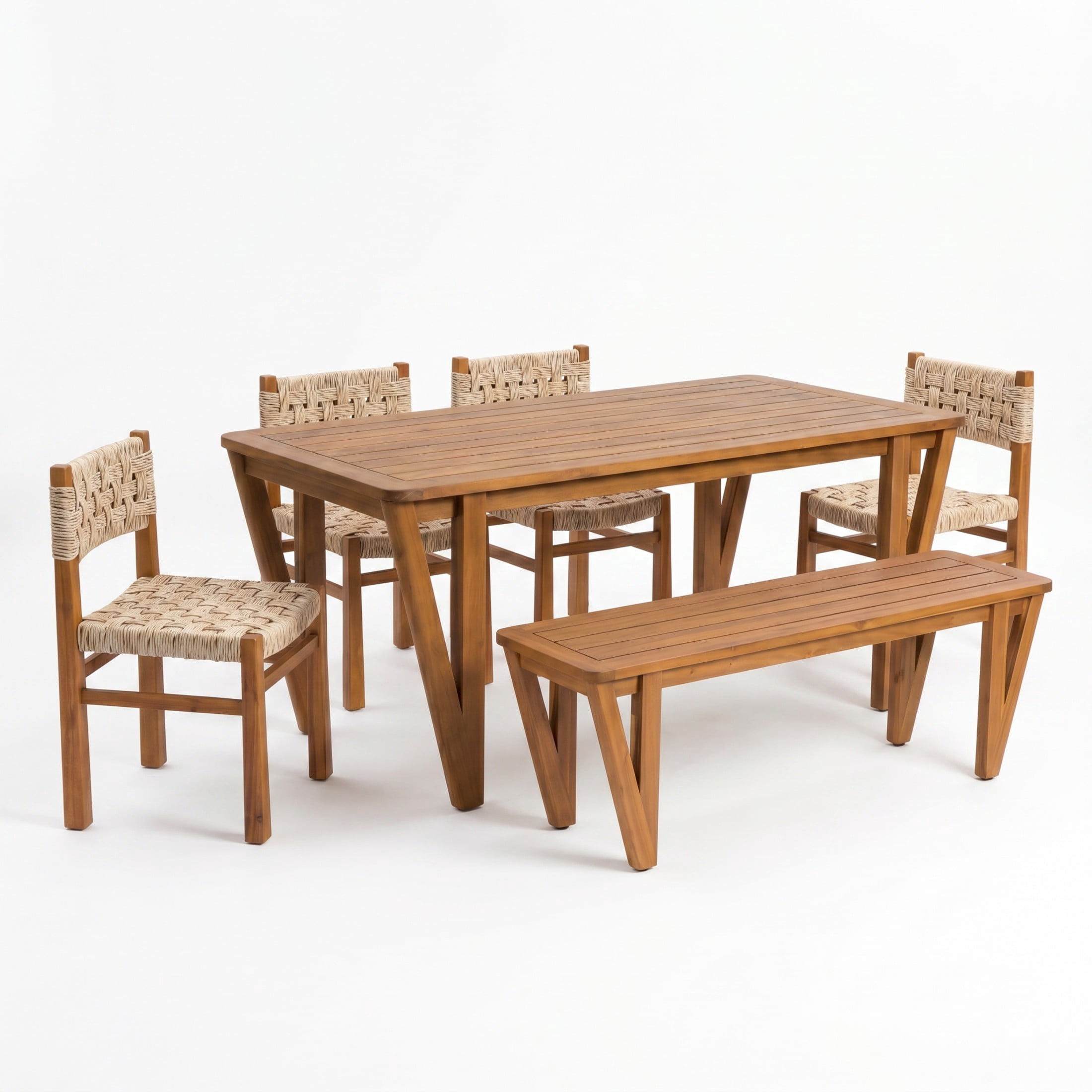 Christopher Knight Home 6-Piece Farmhouse Patio Dining Set, Wood Table with Bench & Wicker Chairs, Light Gray