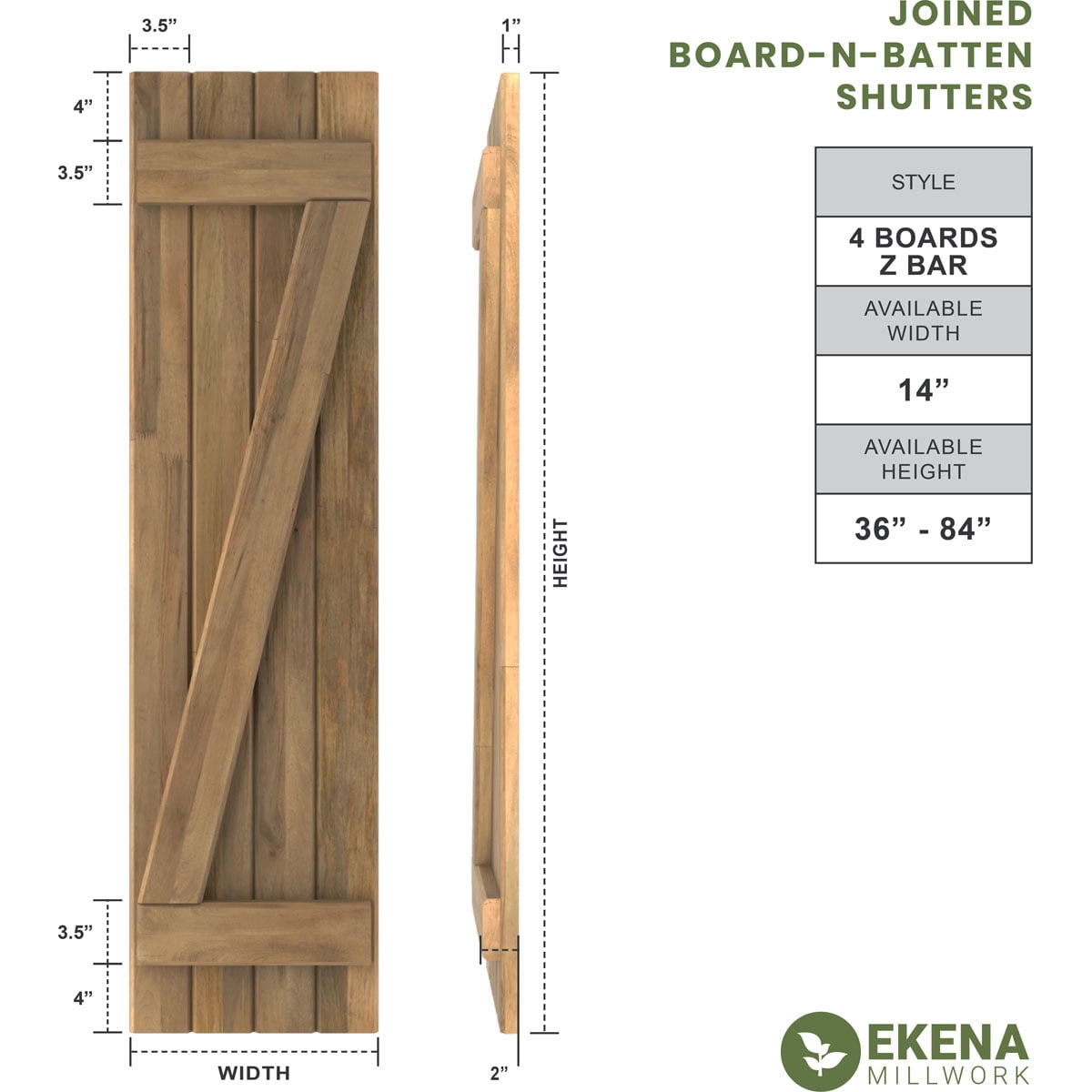 Ekena Millwork 14"W x 64"H Americraft Four Board (2 Batten) Exterior Real Wood Joined Board-n-Batten Shutters w/ Z-Bar (Per Pair), Antigua