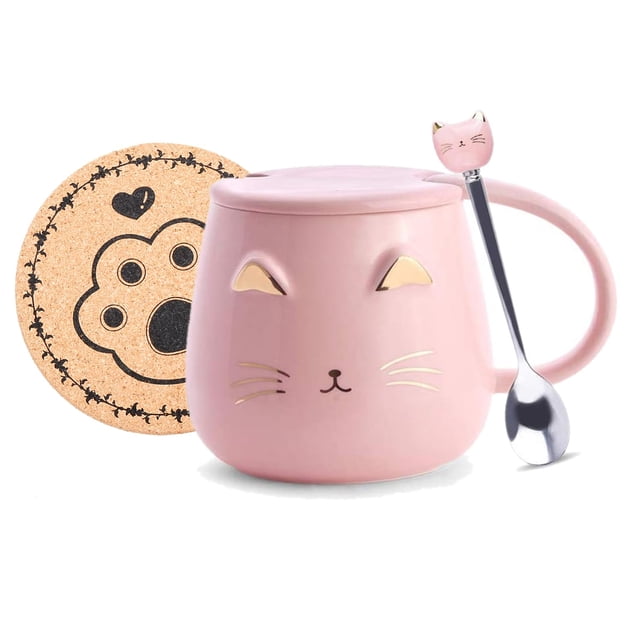Taza de café XinHuiGy de cerámica rosa con forma de gato lindo con cuchara, 380 ml