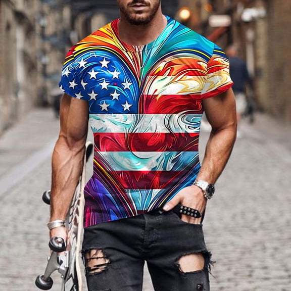 UVEASISHA 3D Printed Tshirts for Men Short Sleeve Summer Party Clubwear Tee Tops 4th of July Patriotic T-Shirts Blue L