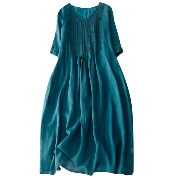 QIPOPIQ Dresses for Women Smocked Tiered Dress Short Sleeve Cotton Linen Solid Loose Summer Midi Dress V-Neck Dress 2023 Deals