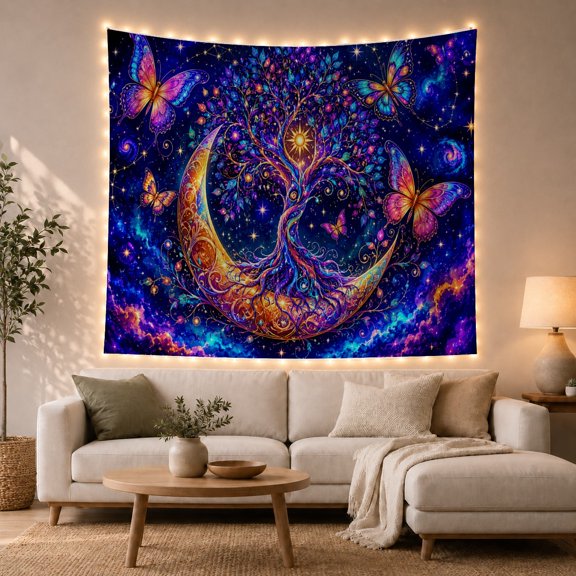 Crescent Moon With Butterflies and Galaxy Flowers, Dreamy Fantasy Style for Celestial Art Lovers, Galaxy Wall Art, Housewarming Gift, Tapestry Wall Hanging for Bedroom and Dorm