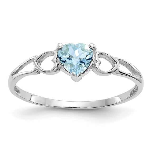 10K White Gold Ring Band Birthstone (03) March Aquamarine Heart Blue, Size 7