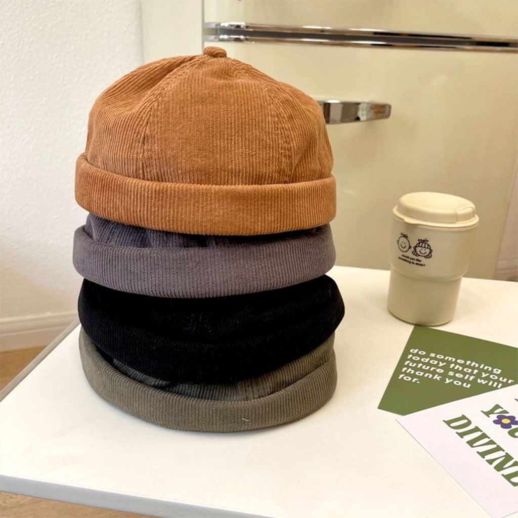 XYIYI Mannen Corduroy Randloze Hoeden Docker Cap Sailor Cap Werknemer Hoed Rolled Manchet Retro Beanie Hoed, A-leger Groen, Eén Maat