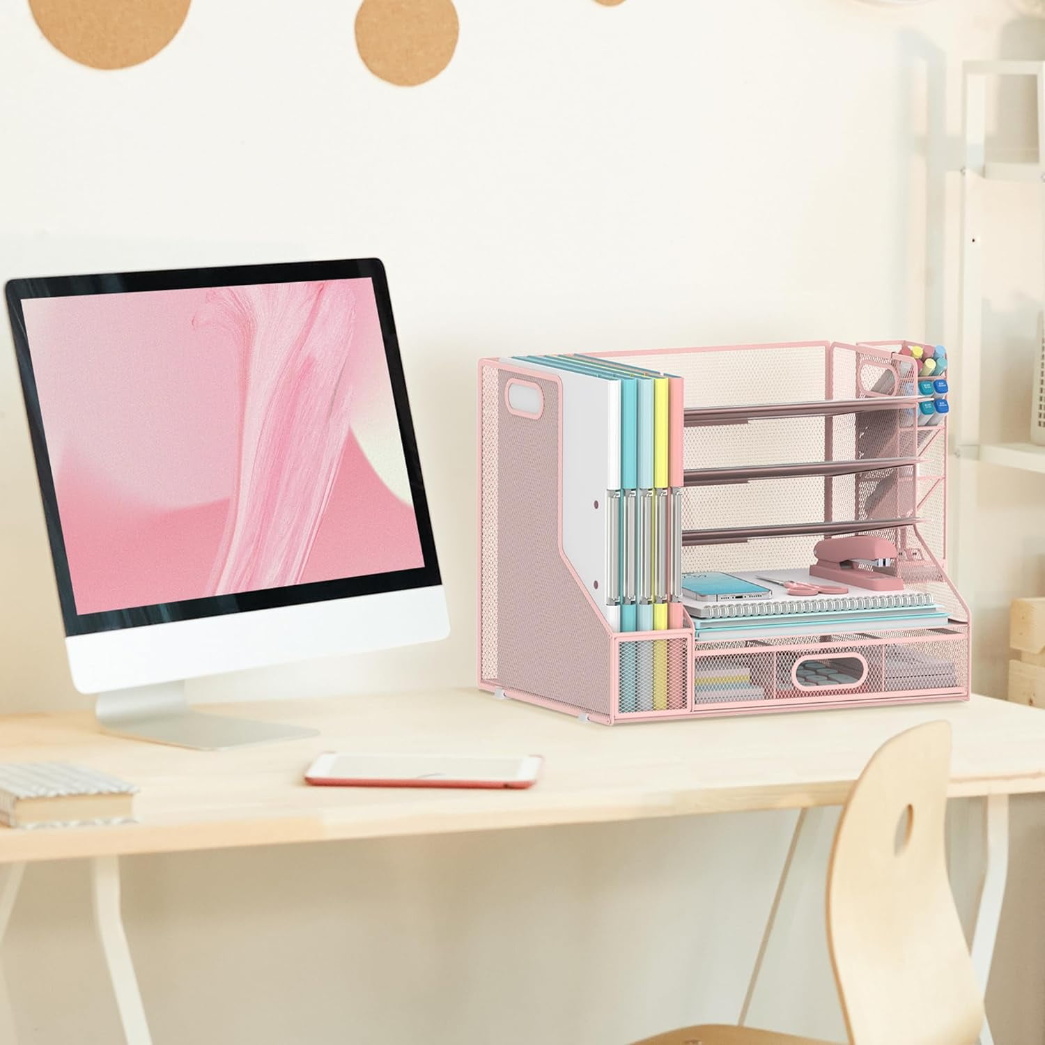 INTIGE 5-Tier Metal Desktop Organizer with Pen Holder, Drawer and File Rack, File Organizer, Pink