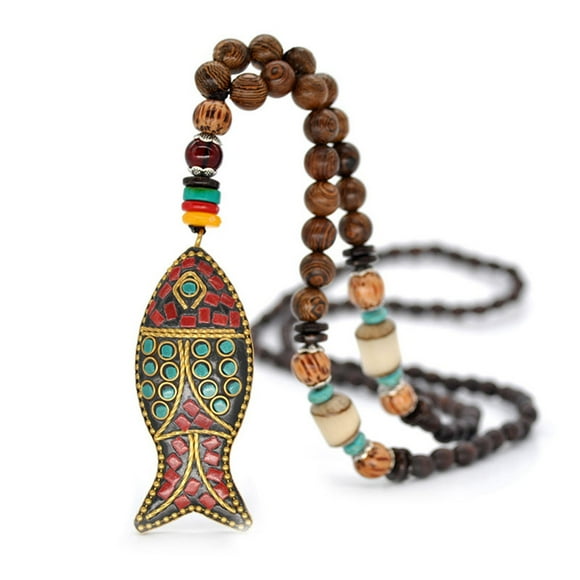 Iumwxz Nepal Buddhist Mala Bead Pendant Necklace Ethnic Horn Fish Long Jewelry