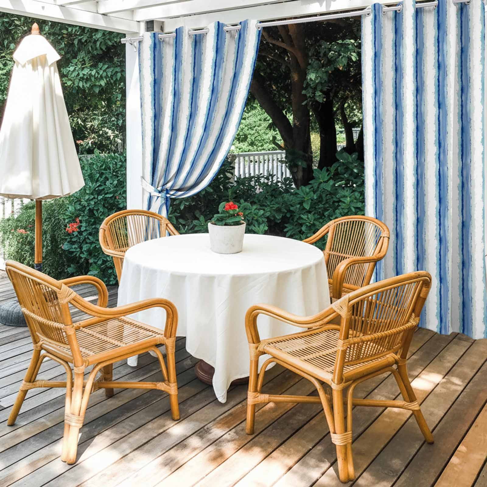 Abstract Blue Stripes Outdoor Curtains for Patio, Minimalist Faded Denim Striped Country Sunshade Privacy Drapes Grommet Waterproof Outside Curtains for Porch/Cabana/Balcony 54"x 108", 1 Panel