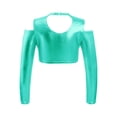 thumbnail image 2 of TiaoBug Kids Girls Shiny Metallic Crop Top Long Sleeve Off Shoulder Jazz Hip Hop Leotard Dance Shirt Lake Green 10, 2 of 5