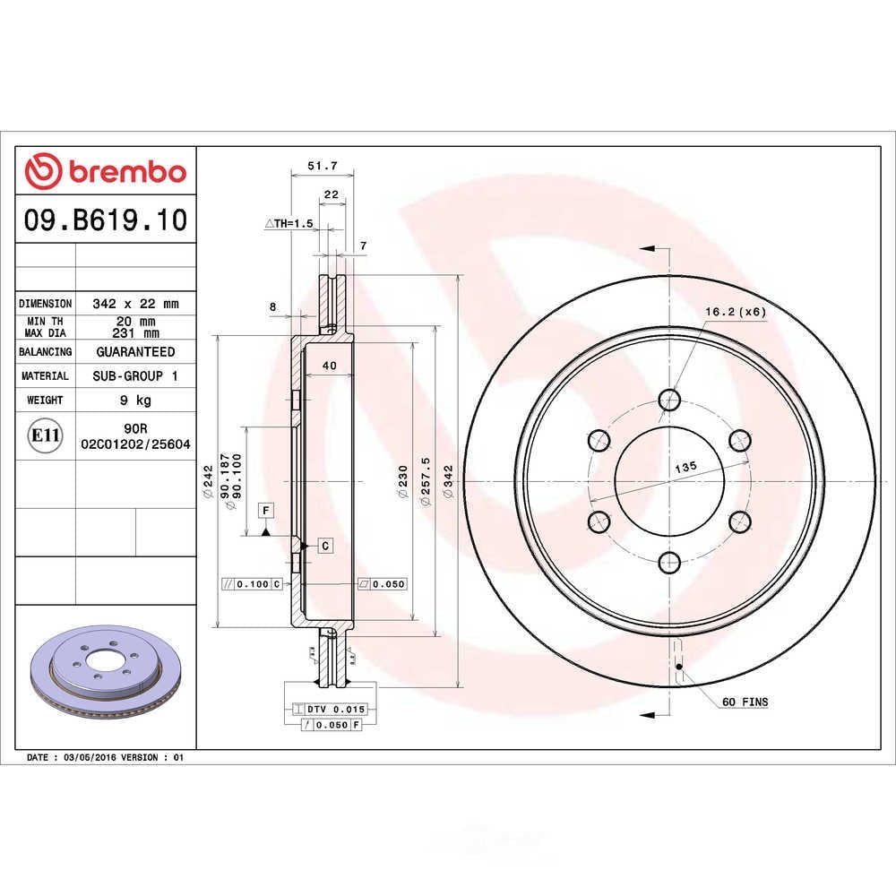 Brembo 09.B619.10 Premium Vented Brake Rotor