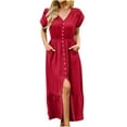 thumbnail image 2 of Robes Maxi pour Femmes 2023 Décontractées Robe Unie pour Femmes Mode Décontractée Printemps et Été à Manches Courtes Robe à Col en V Robe à Manches Courtes en Liquidation, 2 of 8