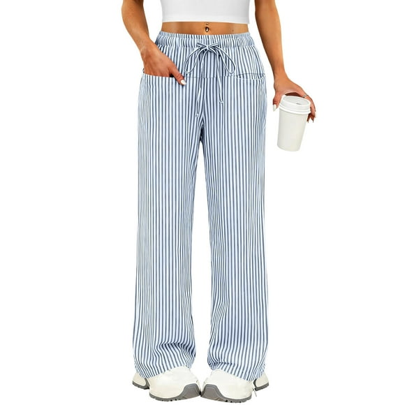 Amzcrzy Pantalones Mujer A Rayas Informales Cintura Alta Cordón Elástico Tipo Bóxer Cómodos Holgados Anchos Con Bolsillos Tallas S-2XL Azul