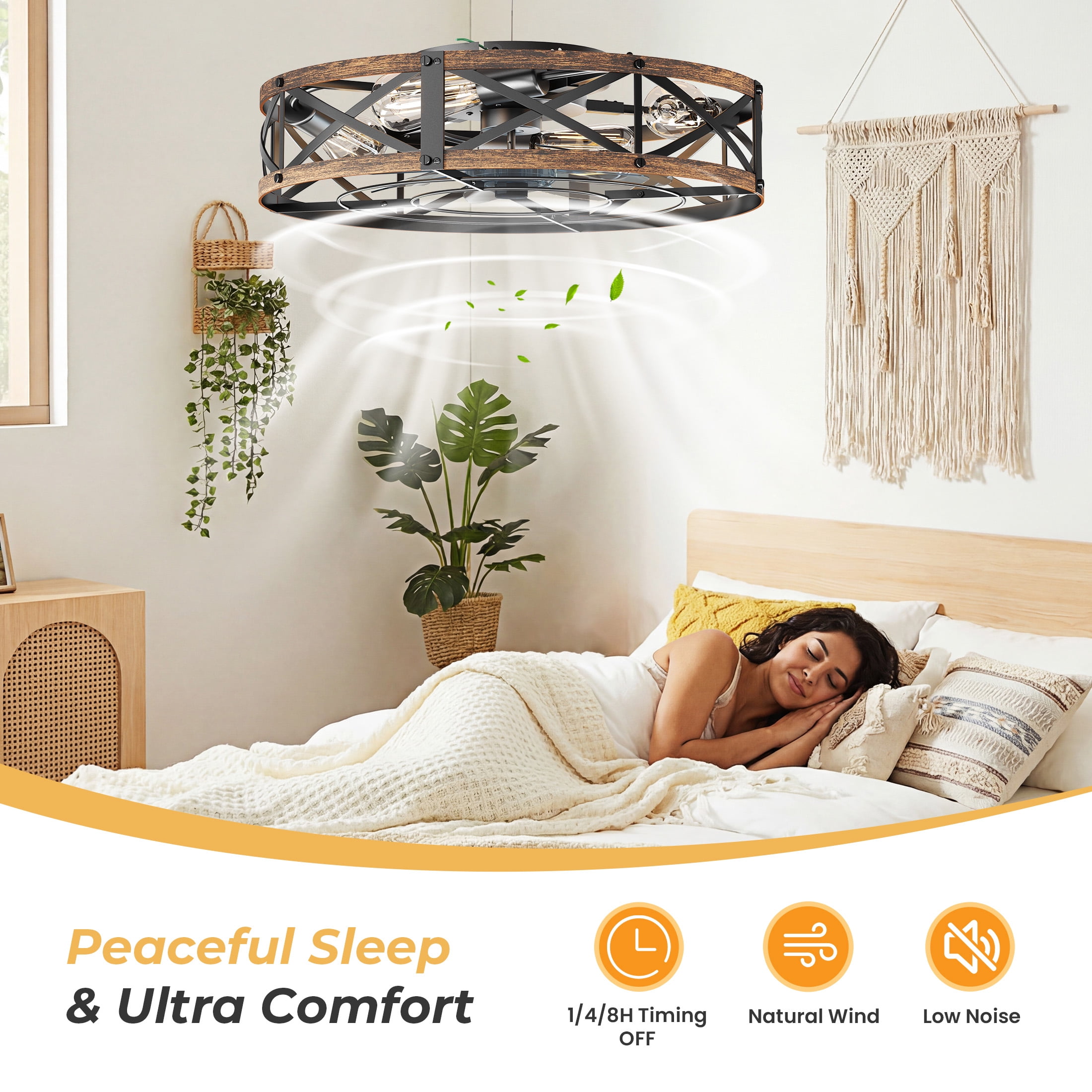 edx 22" Farmhouse Flush Mount Ceiling Fan with Light & Remote, Reversible Blades, Bladeless Safety Cage, 6 Speeds, 8H Timer, Rustic Low Profile Ceiling Fan for Bedroom Kitchen Living Room, Gold