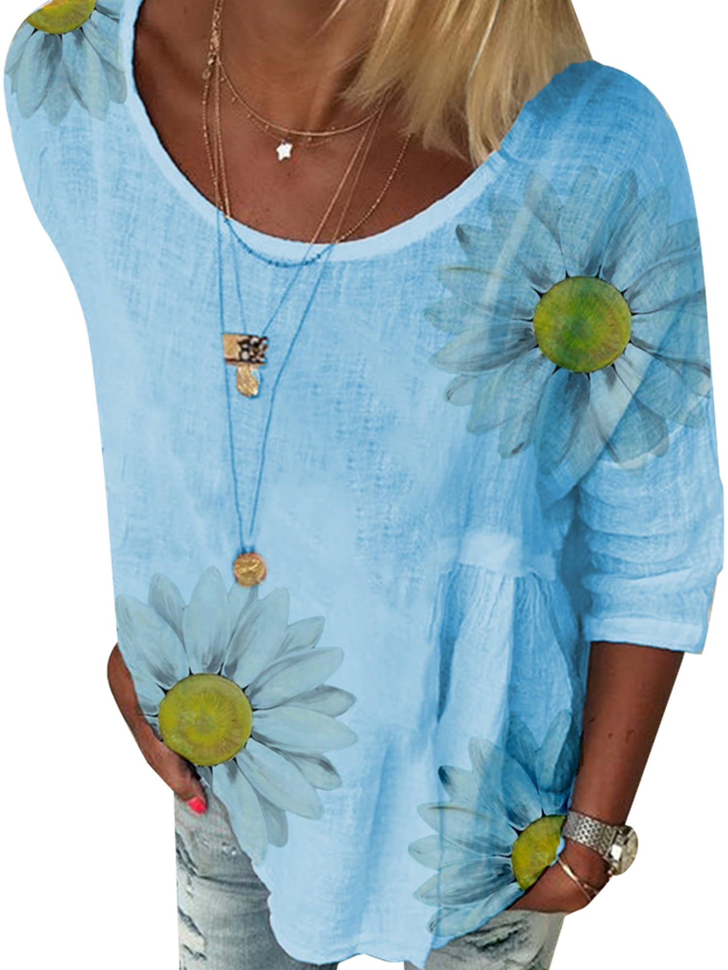 Lallc - Women 3/4 Sleeve Floral Print Blouse Summer Tee Tops Ladies Casual Loose T-Shirts 