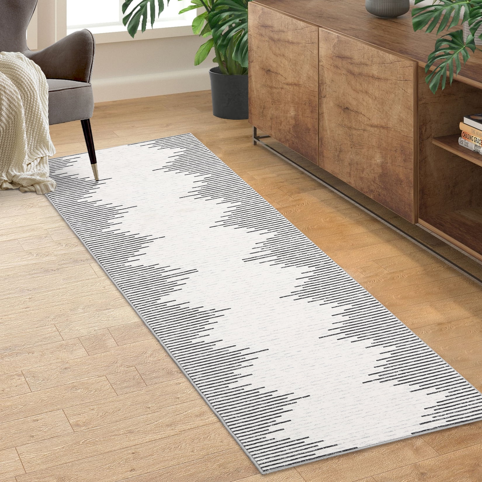 Hasoo Washable Bedroom Rug Geometric Striped Runner Soft Low Pile Carpet, Beige 2' x 6'