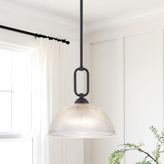Kyrid 12’’ Painted Black Dimmable Pendant Light with Clear Ribbed Glass