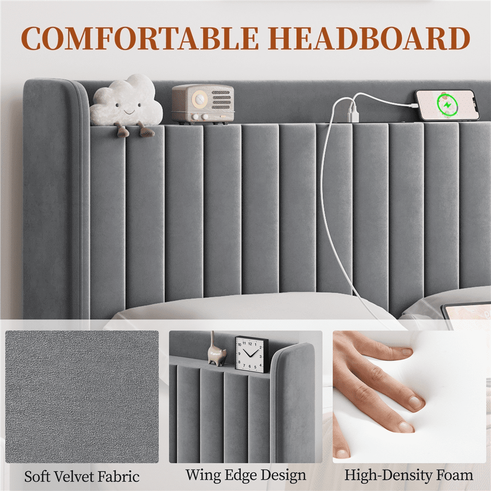 Renwick Upholstered Platform Queen Bed with Charging Outlets and USB Ports, Light Gray, Adult