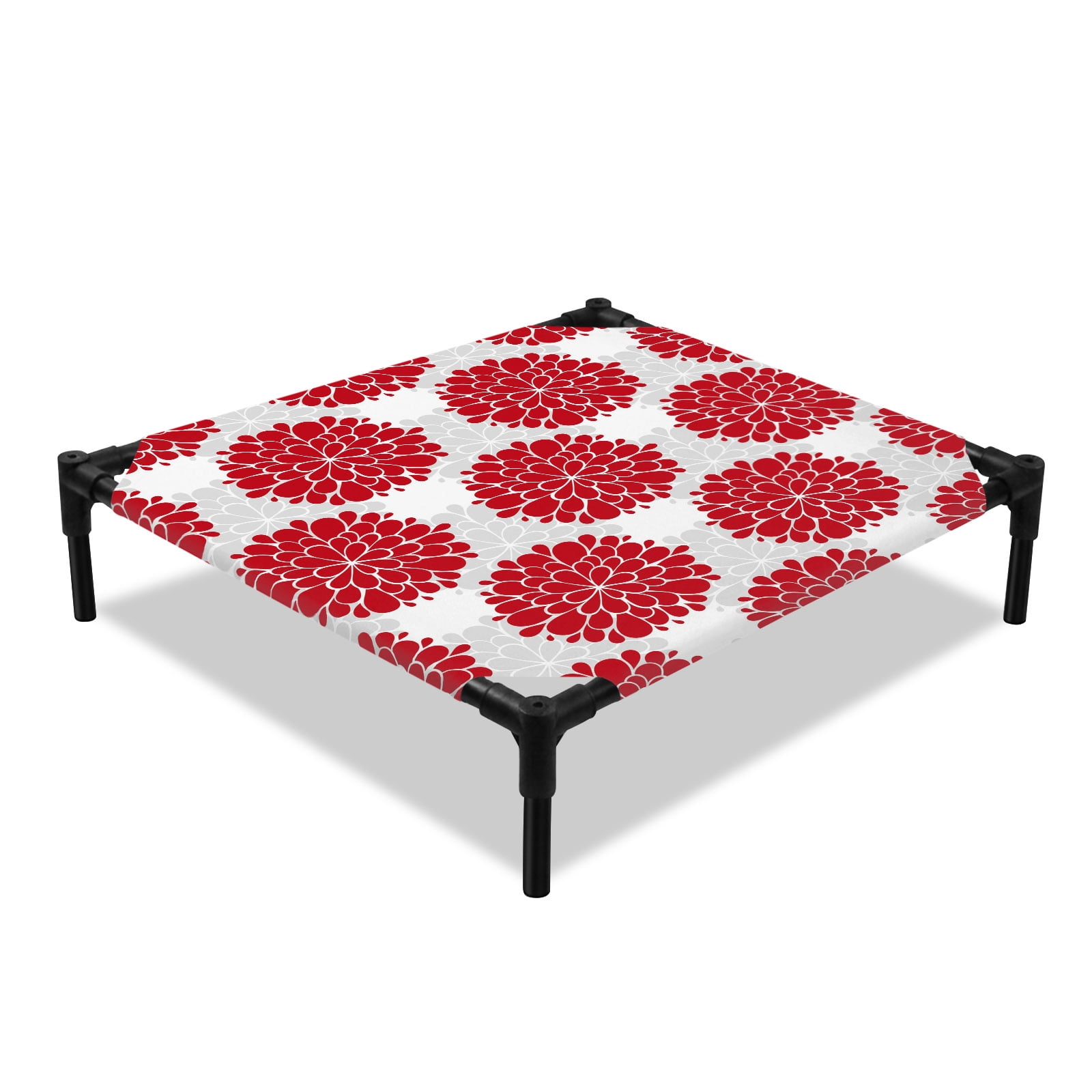 Abstract Dahlia Elevated Dog Bed Vintage Farmhouse Red Country Classic Cooling Breathable Outdoor Raised Dog Cot Bed with Metal Frame Non-Slip Feet for Small Dog 20x20in