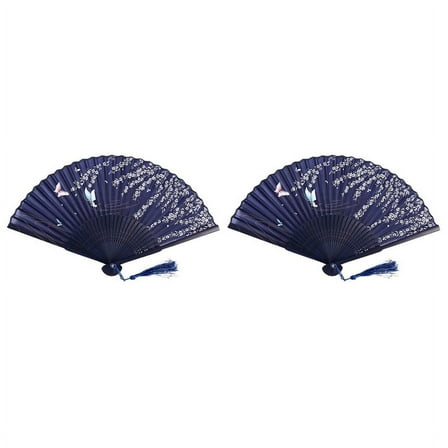 2X Folding Bamboo Lace Hand Fan, Dark Blue Butterfly and White Flower
