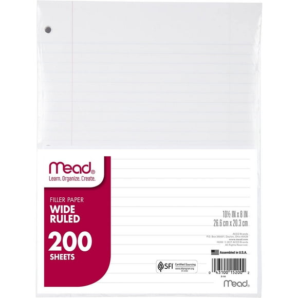 Papel de hojas sueltas, estándar, con rayas anchas, 200 hojas