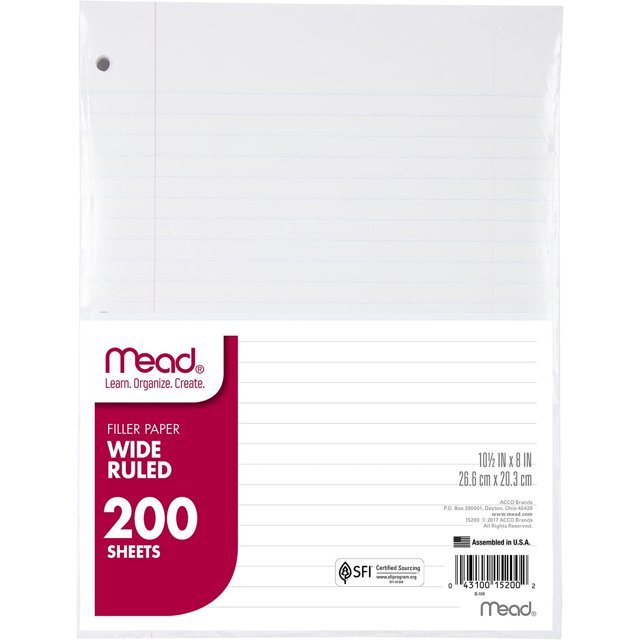 Papel de hojas sueltas, estándar, con rayas anchas, 200 hojas