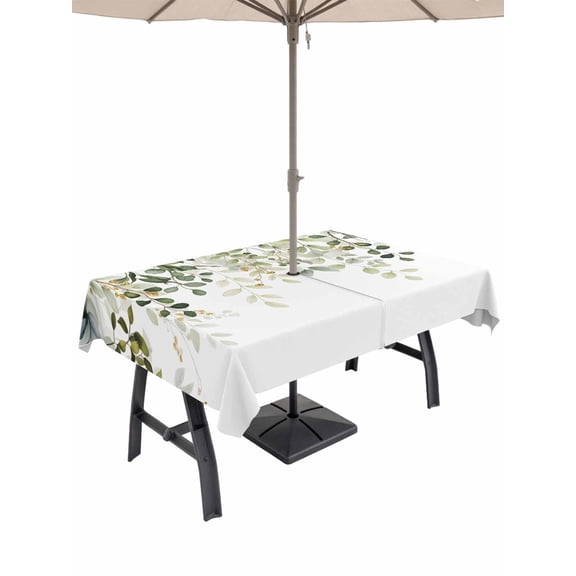 Outdoor Tablecloths with Umbrella Hole & Zipper, Sage Green Eucalyptus Leaves Rectangle Tablecloth 52x70 Inch, Spring Botanical Floral Waterproof Table Cloth, Patio/Pool/Picnic Table Covers