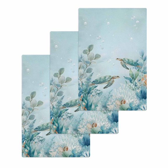 Coastal Turtle Kitchen Dish Towels for Drying Dishes Set of 3, Nautical Eucalyptus Leaves Coral Seaweed Waffle Weave Microfiber Hand Tea Bathroom Towels Quick Dry & Absorbent Towel 15.7x23.6