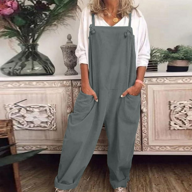 PLNOTME Denim overall jumpsuits voor dames, mouwloos, V-hals, verstelbare bandjes, jeans, lange broek, rompertjes, Blauw, XL
