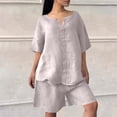thumbnail image 3 of Two Piece Sets For Women Summer Linen Casual Outfit Plus Size Loose Fit Short Sleeve Shirts & Wide Leg Shorts Sets,Beige,M, 3 of 7