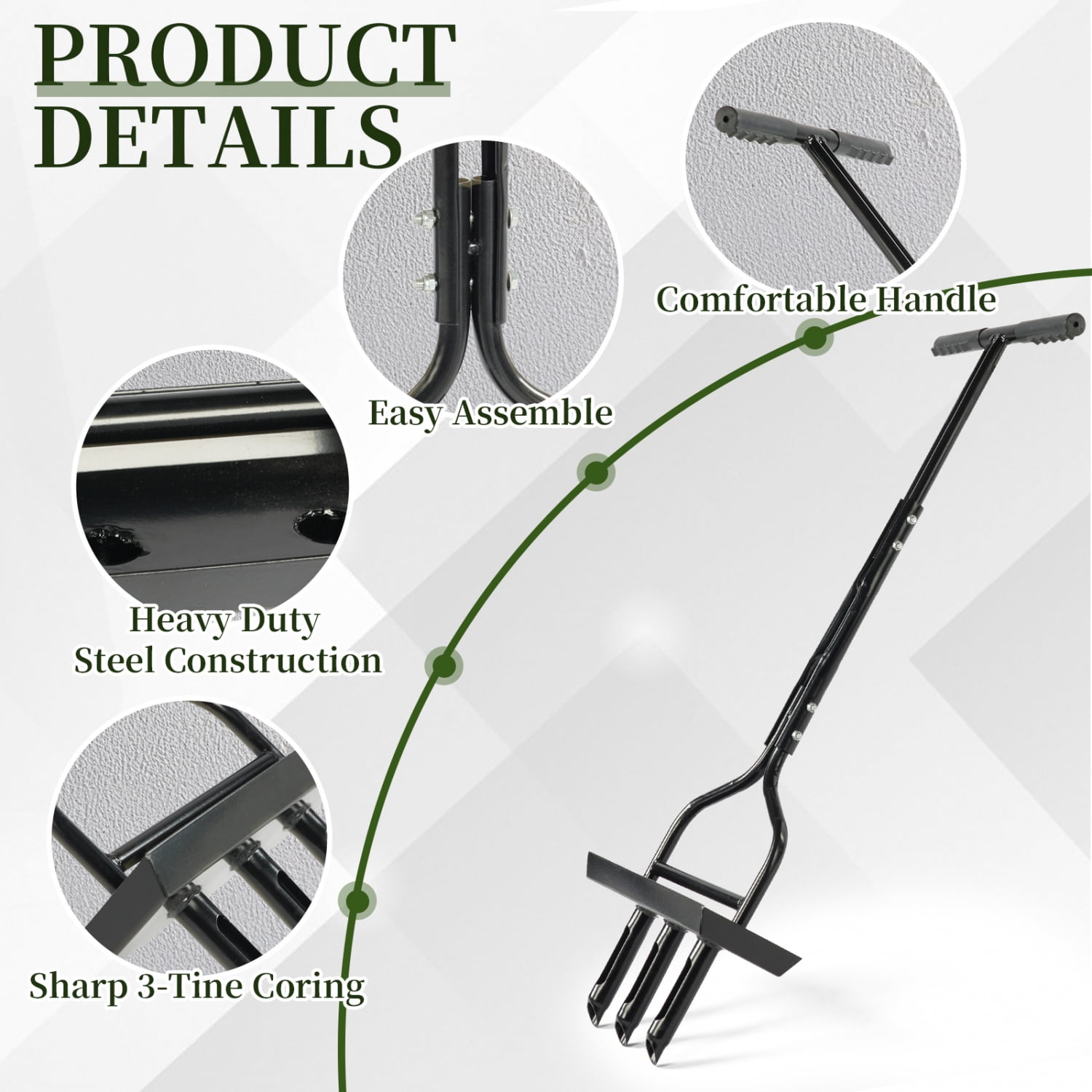 FENGFAN 43in Lawn Aerator, 3-Tine Steel Coring Tool with Soil Tray & Cleaner