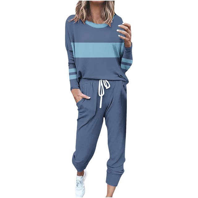 Posijego Ensemble Femme 2 Pcs Tenue Rayée Décontractée Manches Longues Col Ras du Cou Hauts Pantalons à Cordon Ensembles Détente P-5TG