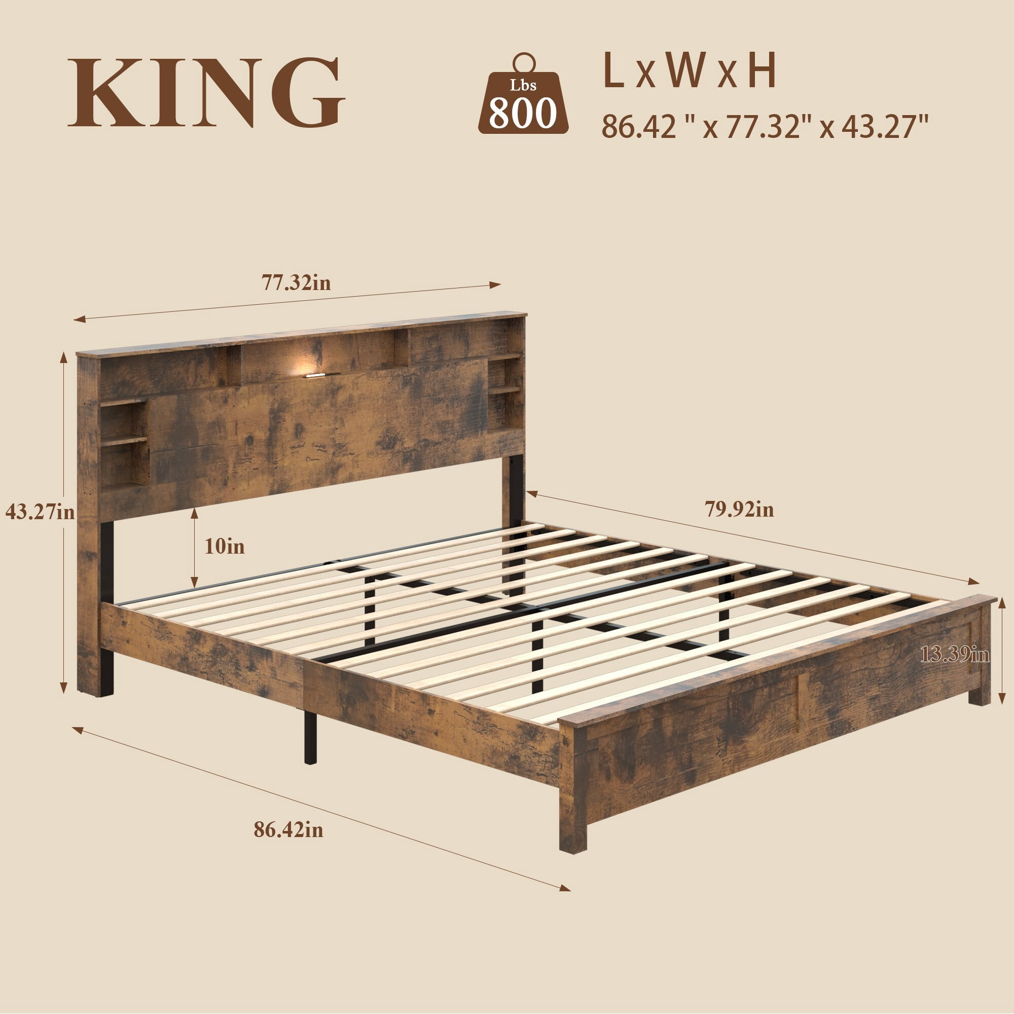 DEALTOPS King Size Platform Bed Frame with Storage Headboard, LED Light & Charging Station, Rustic Brown