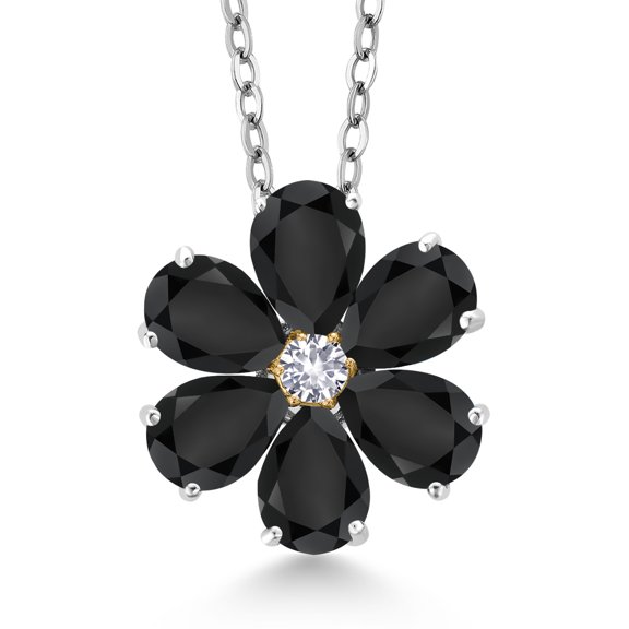 Gem Stone King 2.33 Ct Black Onyx White Created Sapphire 925 Silver and 10K Yellow Gold Pendant with Chain