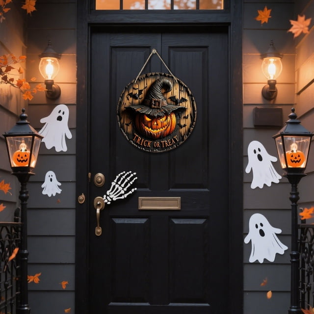 Decoraciones Colgantes de Madera para Halloween con Números de Casa | Letreros Circulares de Calabaza | Decoración de Halloween para Interiores y Exteriores - 1 Pieza