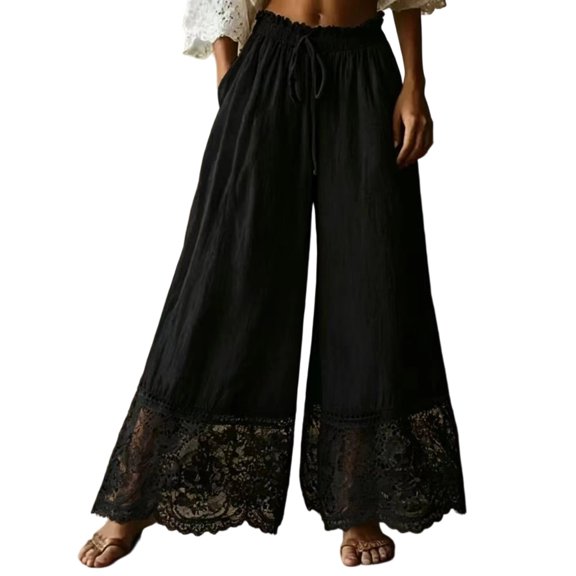 Womens Boho Lace Hem Wide Leg Pants, Drawstring Waist Loose Fit Casual Summer Beach Trousers Vacation Black L