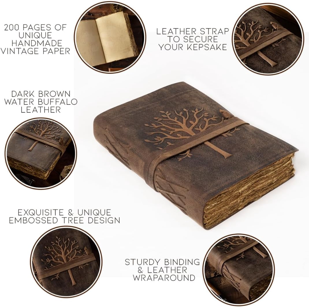 NomadCraftsCo Vintage Leather Journal Tree of Life - Antique Paper Sketchbook for Drawing Writing