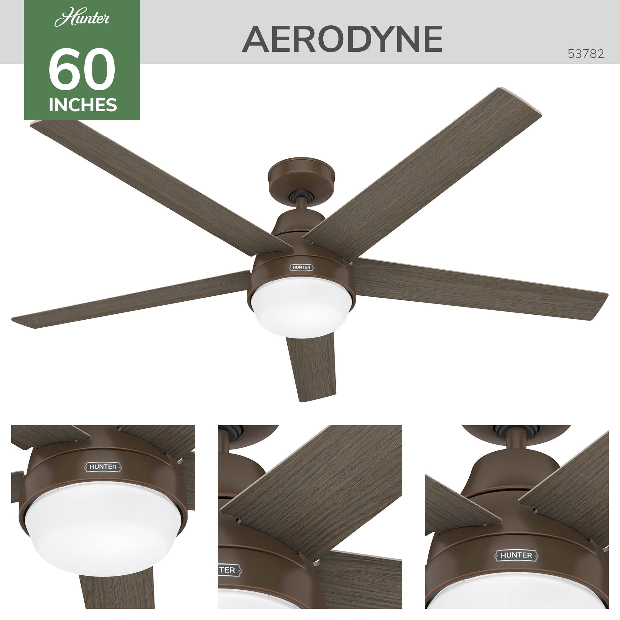 Hunter 60 inch Aerodyne Wi-Fi ENERGY STAR® Matte Bronze Ceiling Fan with LED Light Kit, Reversible Blades, and Handheld Remote