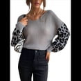 thumbnail image 2 of Suéter Holgado de Punto con Estampado de Leopardo, Larga, Cuello en V y Bloques de Color, Estilo Gótico Clásico e Informal para Mujer. Gris M, 2 of 6