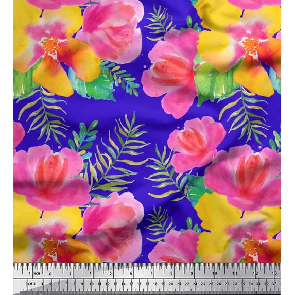 Soimoi Blue Silk Fabric Flower Floral Print Fabric by the Yard 44 Inch Wide