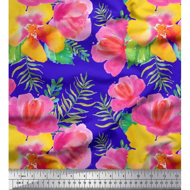 Soimoi Blue Poly Georgette Fabric Flower Floral Print Fabric by the Yard 52 Inch Wide