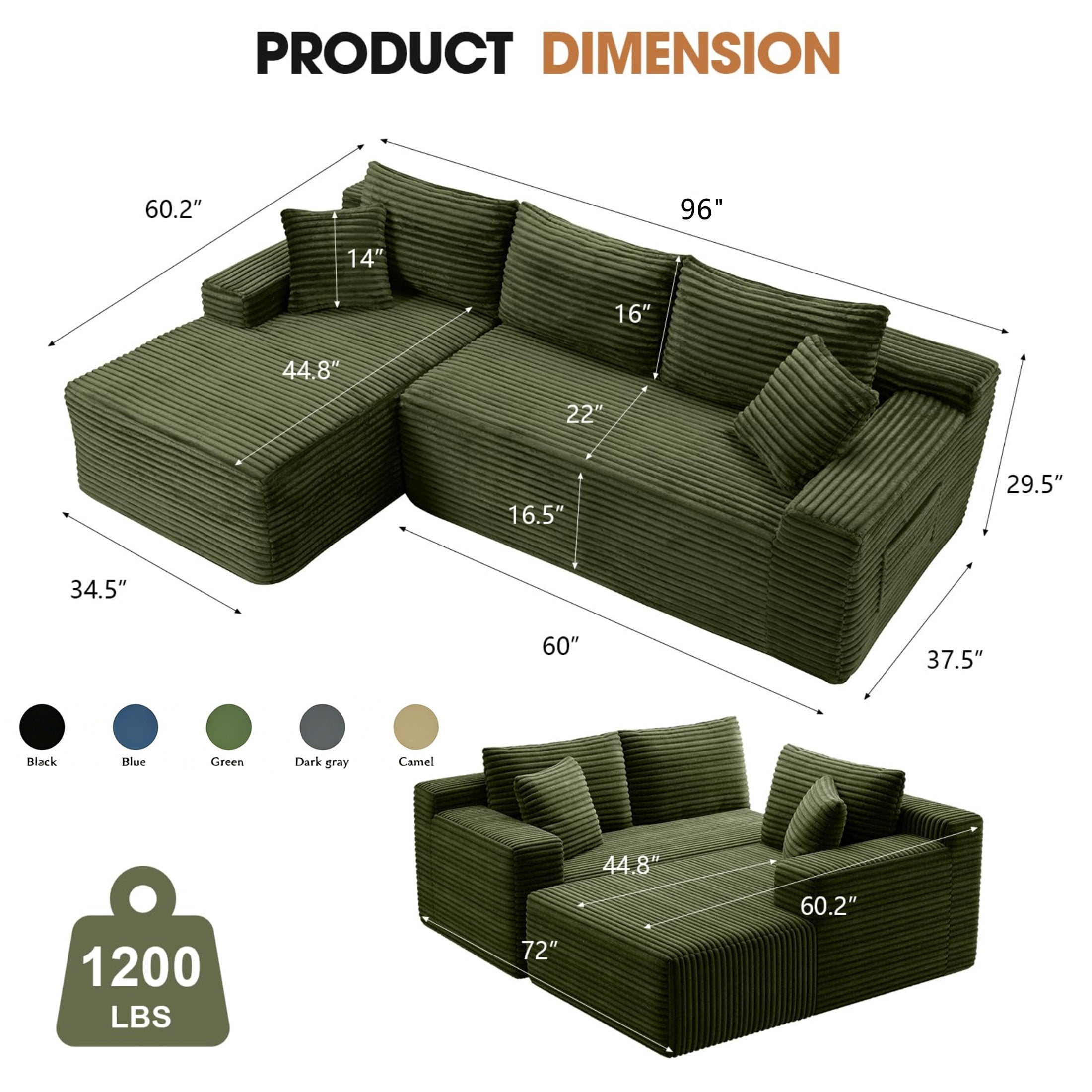 Aukfa 96" Cloud Sectional Sofa Deep Seat Boneless Couch Modular L-Shaped Couch, Left Chaise Corduroy Sofa for Living Room, Green