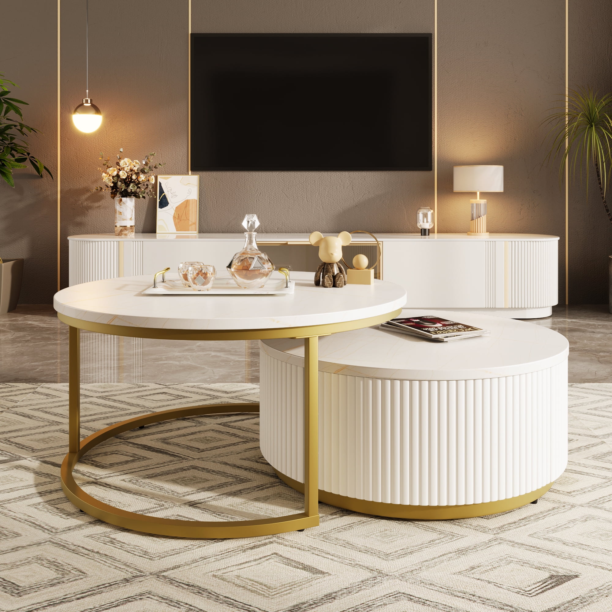 Harper & Bright Designs Round Nesting Coffee Table Set of 2, Golden Metal Center Table with Storage Drawer for Living Room, White 31.5'