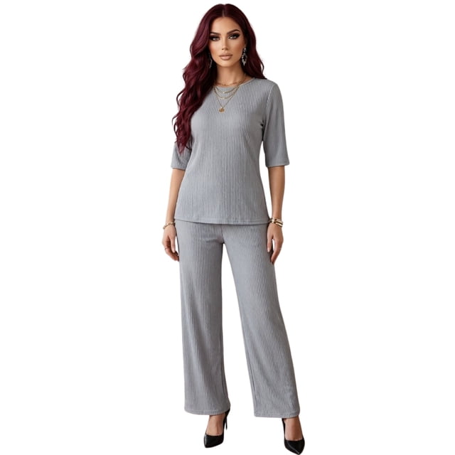 Conjunto 2 Piezas Blusa y Pants Casual Elegante Súper Cómodo Tejido Canalé para Mujer