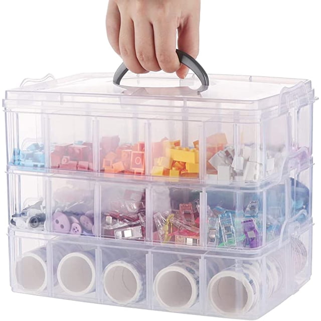 Caja de almacenamiento apilable de plástico transparente de 3 niveles, caja de almacenamiento con tapa de 30 compartimentos, caja de plástico para juguetes, manualidades