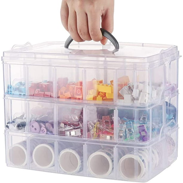 Caja de almacenamiento apilable de plástico transparente de 3 niveles, caja de almacenamiento con tapa de 30 compartimentos, caja de plástico para juguetes, manualidades